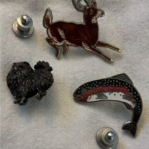 Stag, Trout Enamel Pin Set and… a pewter pomeranian?